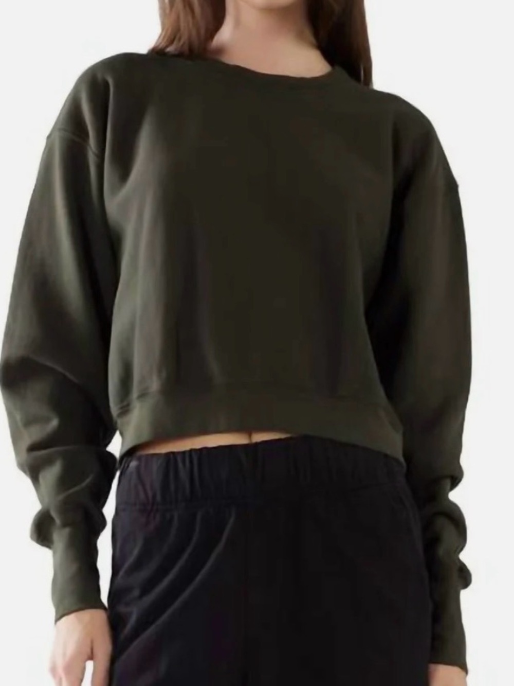 Les Tien Ryder Crop Crew Top Structured Fleece Cotton Forest Green Sz Medium USA